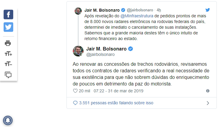Bolsonaro cancela instalação de 8 mil radares em rodovias federais