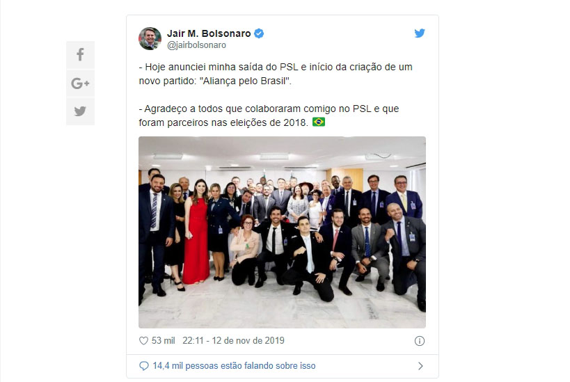 Bolsonaro anuncia saída do PSL e criação da Aliança pelo Brasil