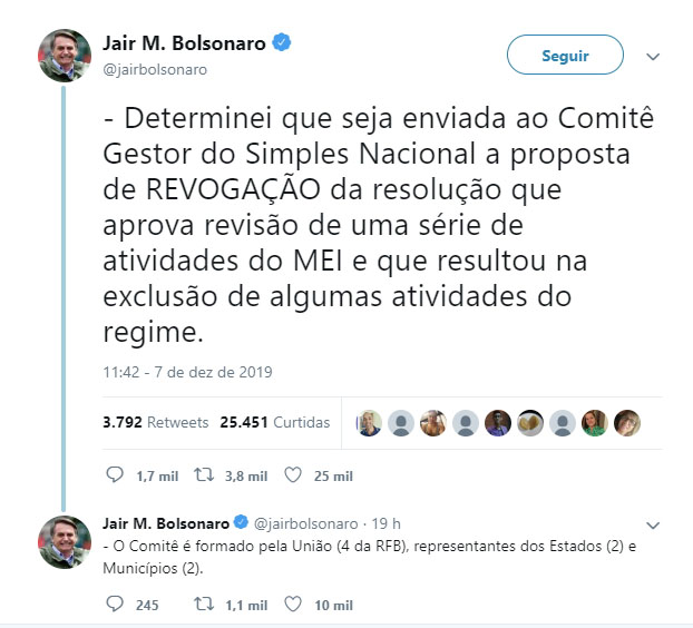 Bolsonaro pede revogação de medida que excluiu atividades de MEI