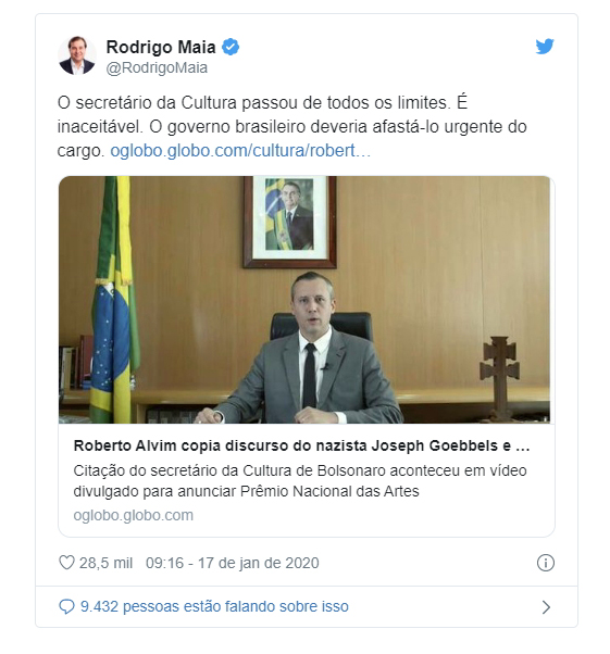 Secretário de Cultura de Bolsonaro copia discurso de ministro de Hitler