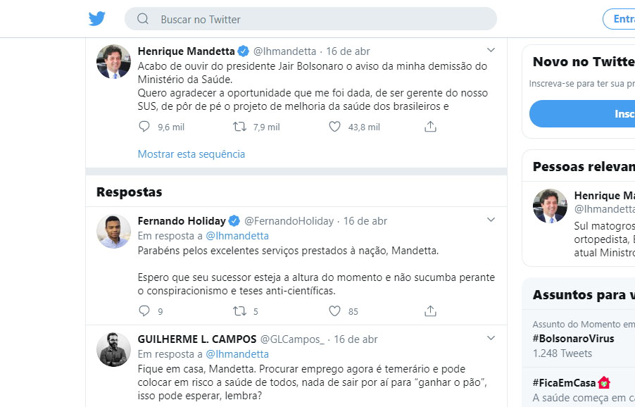 Bolsonaro exonera ministro Mandetta da Saúde