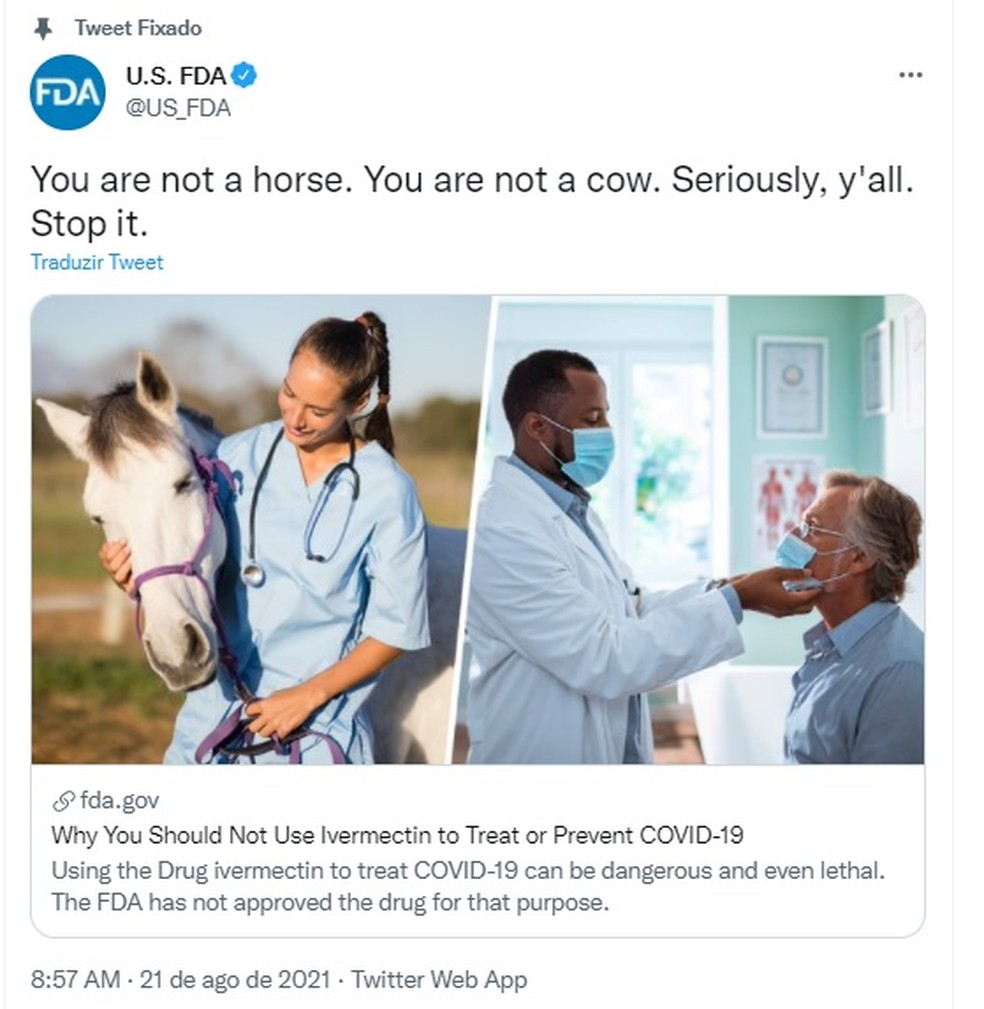 Você não é cavalo nem vaca, deixe de tomar ivermectina, alerta agência