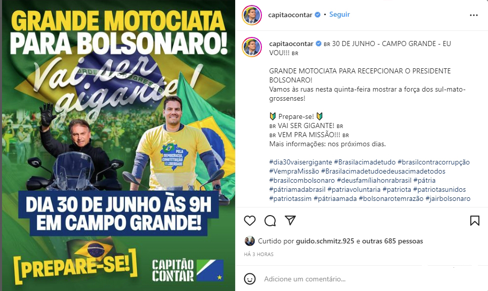 Contar provoca confusão ao anunciar presença de Bolsonaro em motociata