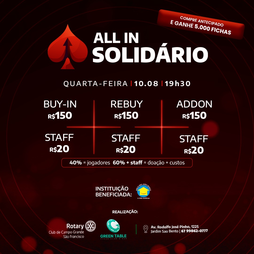 Torneio de pôquer beneficente é aberto à todos e arrecadará fundos para o Asilo São João Bosco