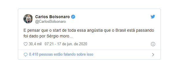 "Angústia que o Brasil está passando" é culpa do Moro, aponta Carlos Bolsonaro