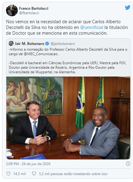 Universidade de Rosário desconhece doutorado do novo ministro da Educação