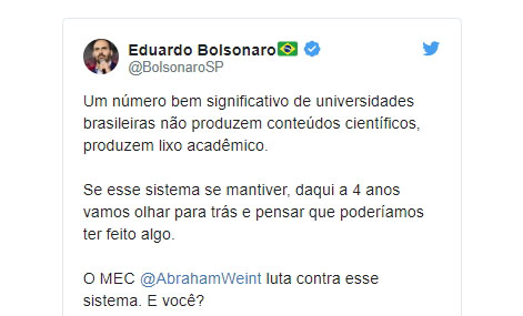 Eduardo Bolsonaro diz que universidades brasileiras produzem "lixo acadêmico"