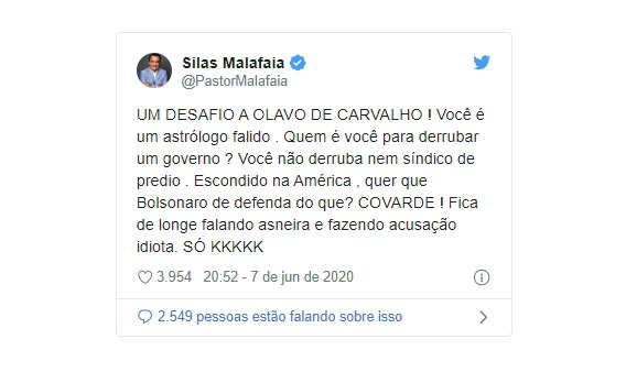 "Astrólogo falido" e "covarde", diz Malafaia sobre Olavo de Carvalho